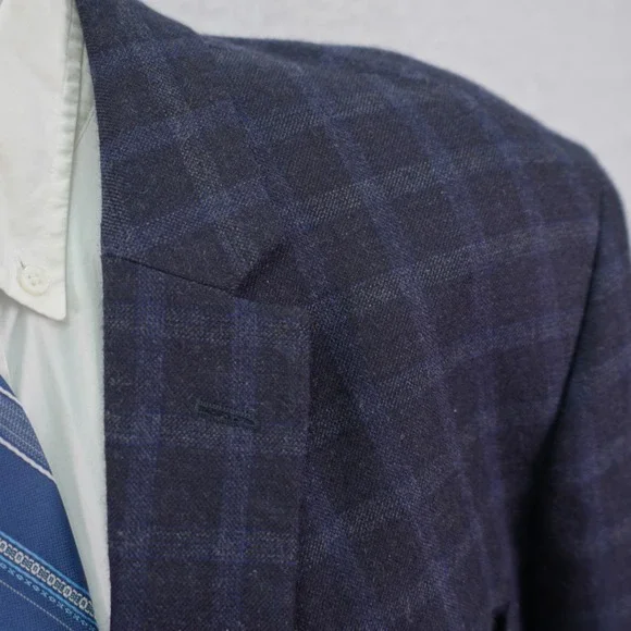 Tommy Hilfiger Soft Flannel Worsted‎ Wool Sport Coat 48R Blue Windowpane Tag 50L